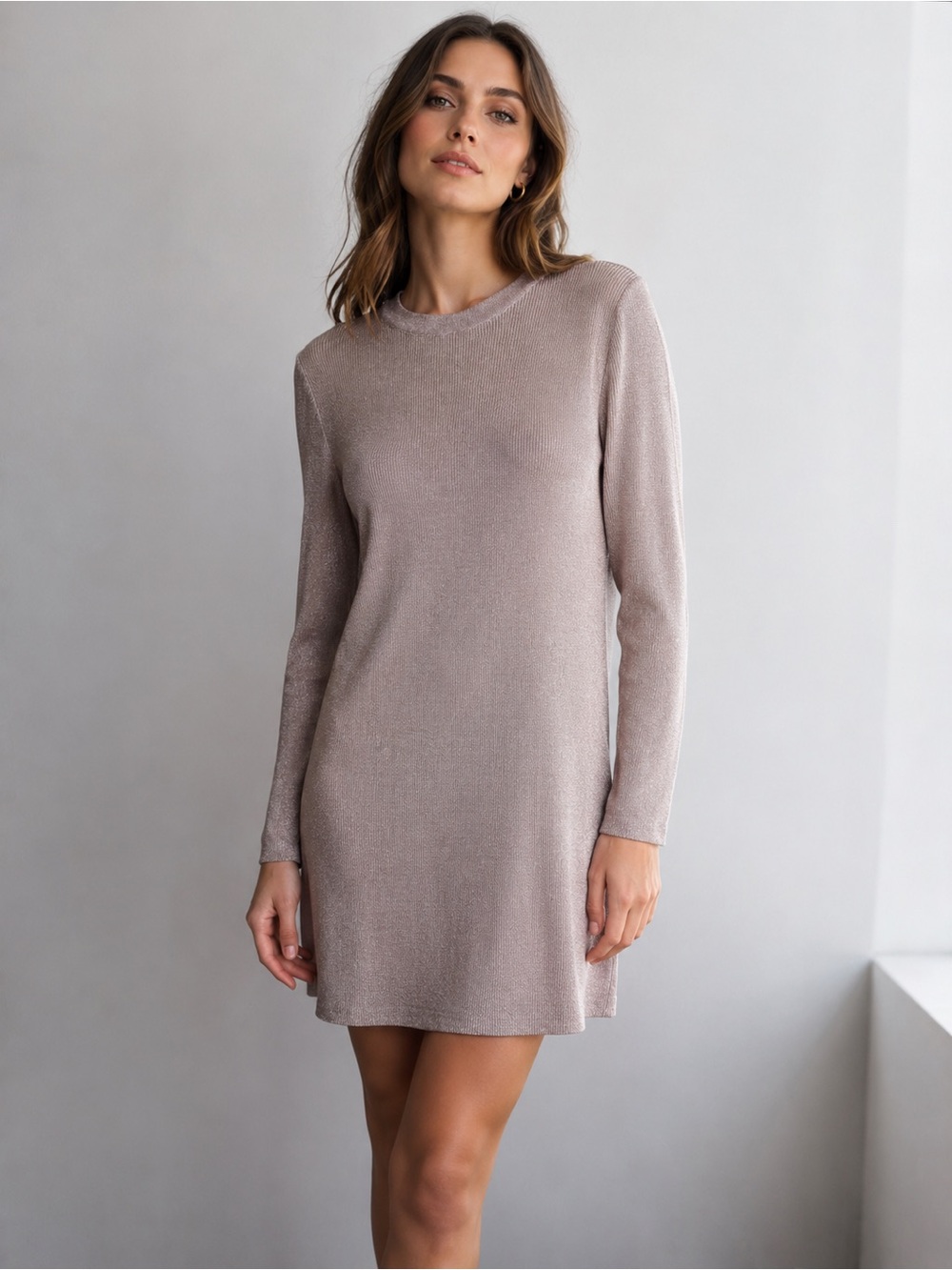 COS Metallic Knit Crewneck Sweater DRESS in Champagne Taupe